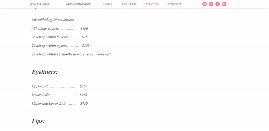Services and pricing page of the Anh Le Permanent Make Up website