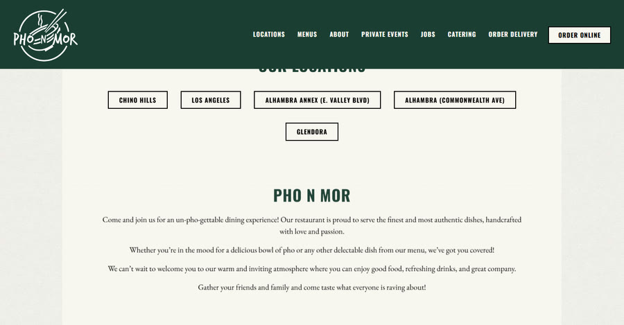 Locations page of the Pho N Mor restaurant website