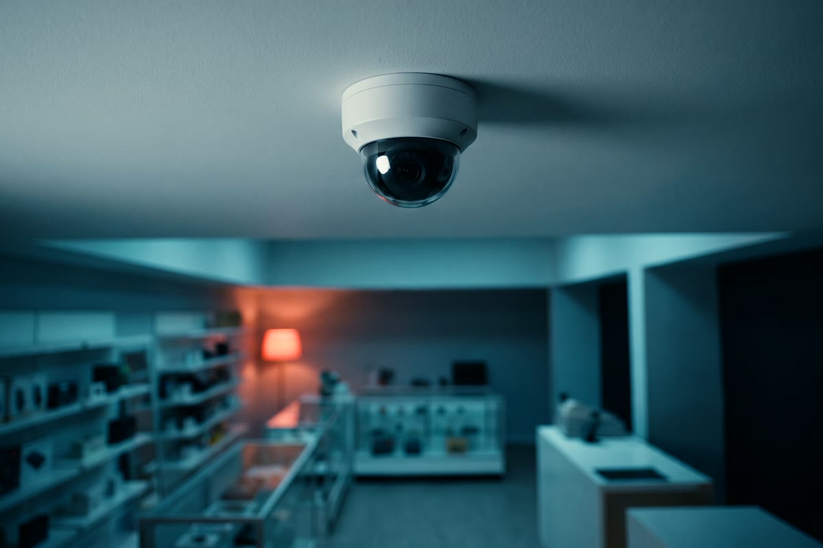 A dome security camera mounted on a shop ceiling