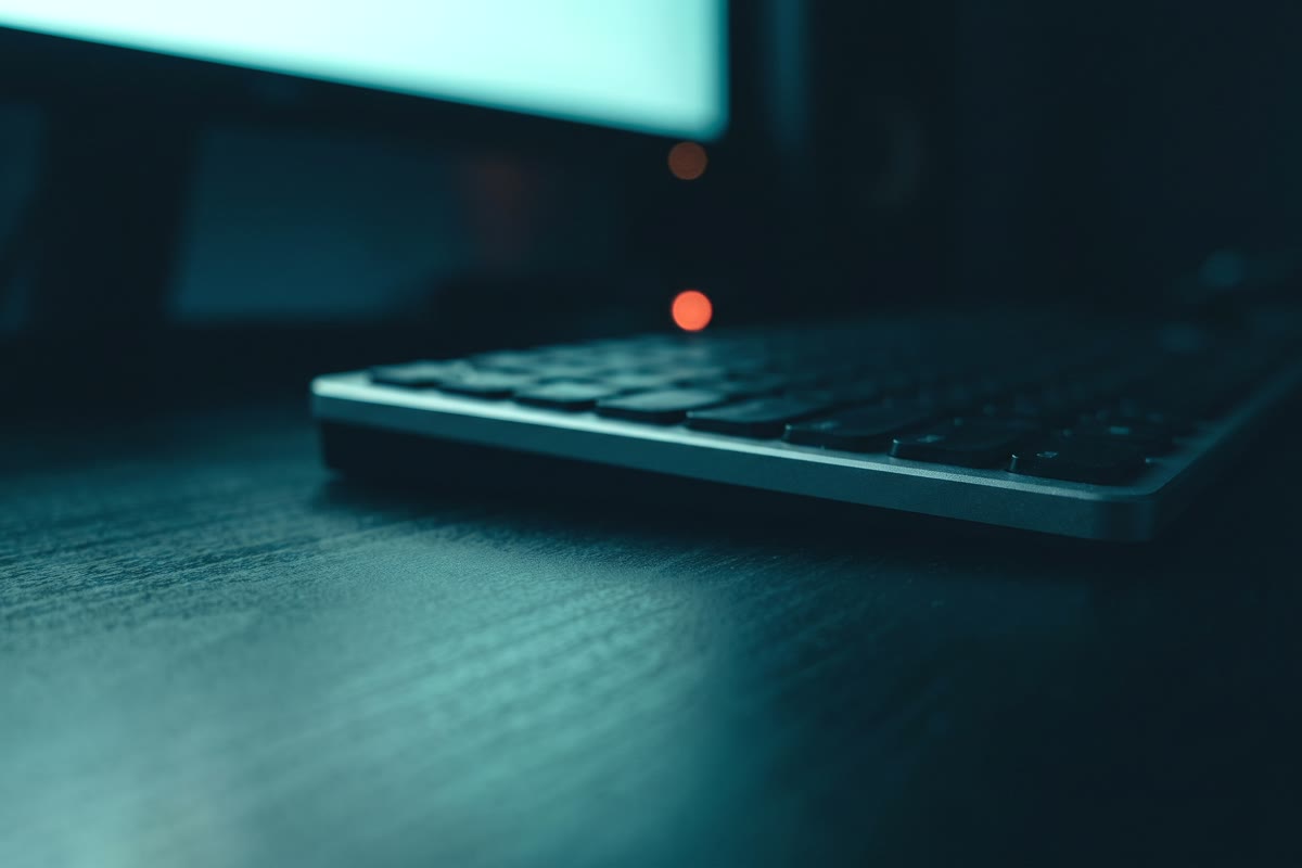 A keyboard on a dark desk, lit by a monitor glow